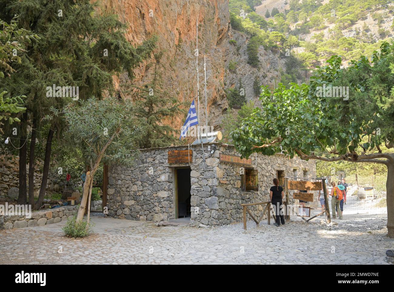 Ingresso sud, stazione di controllo, biglietteria, Agia Roumeli, Creta, Grecia, Gola di Samaria, Creta, Grecia Foto Stock