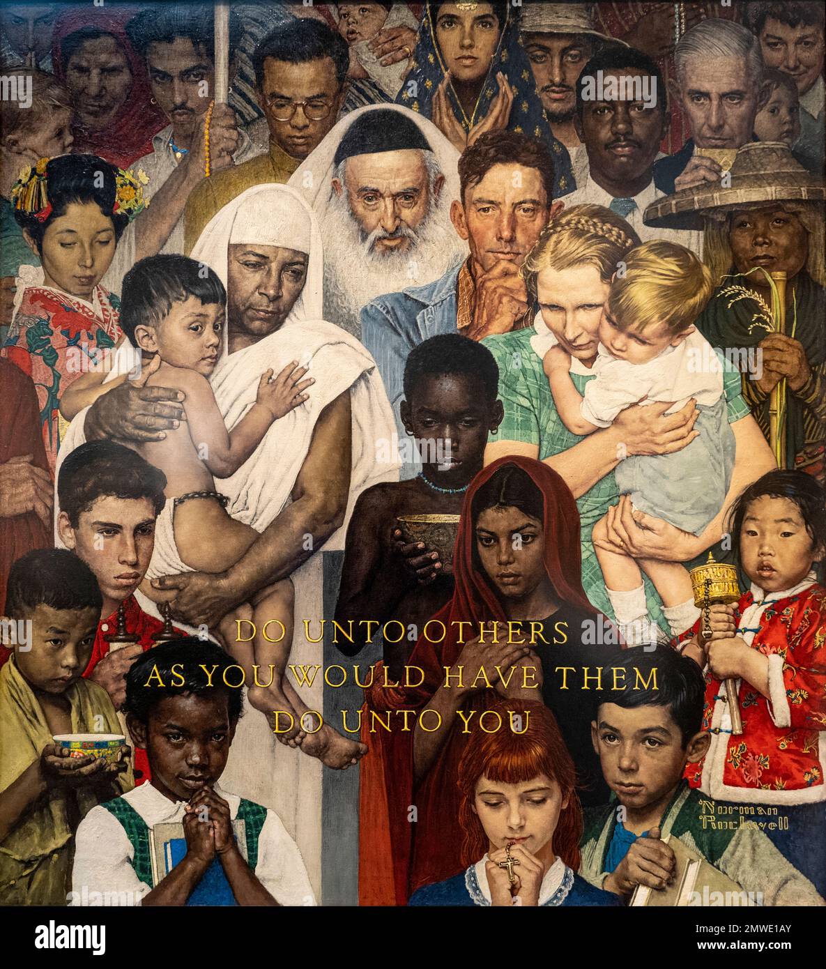 Norman Rockwell dipinto chiamato Golden Rule fatto nel 1961 per il Sabato sera Post rivista che mostra la tolleranza religiosa di tutte le fedi. Foto Stock