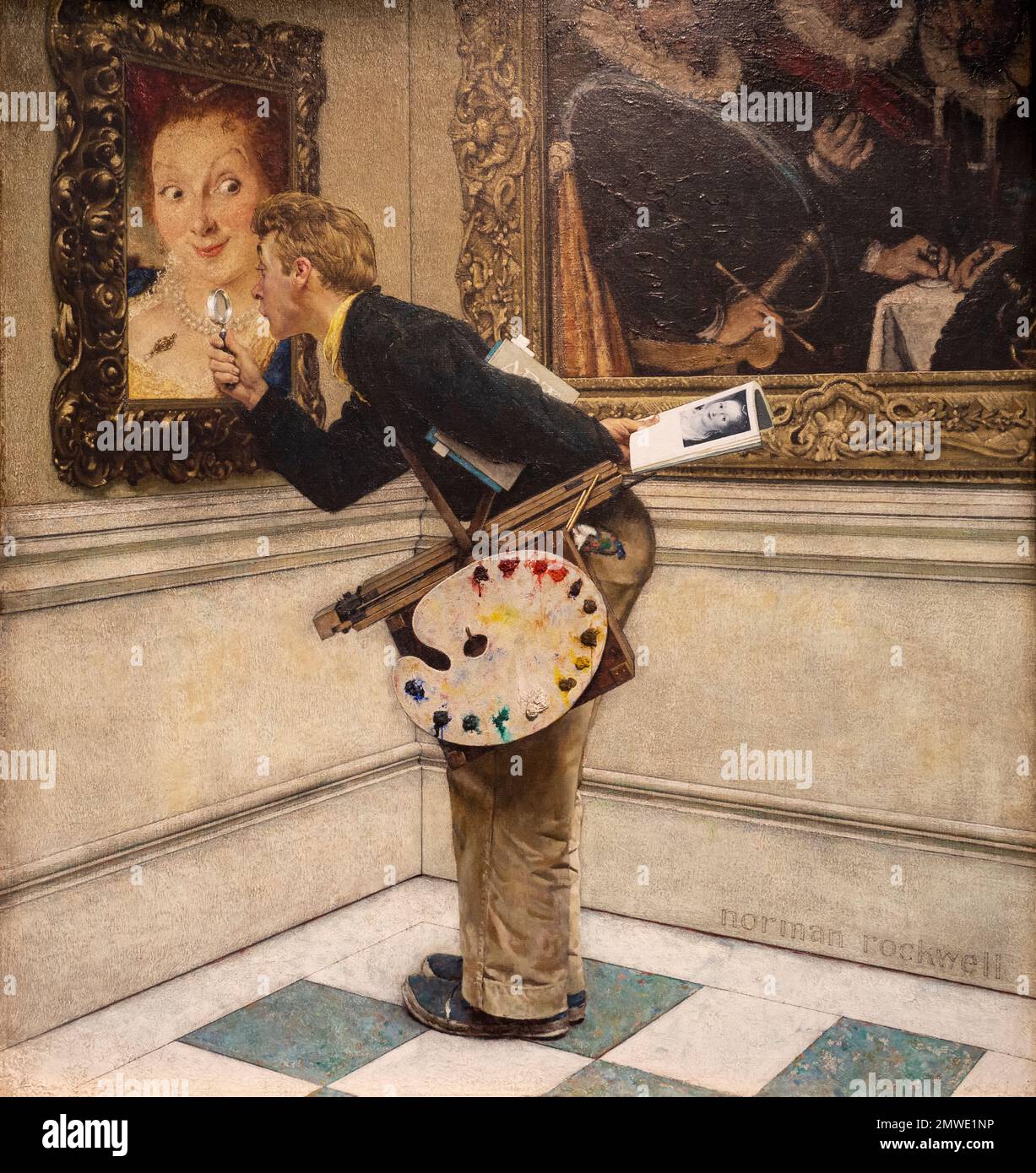 Norman Rockwell dipinge il critico d'arte fatto nel 1955 per la rivista Saturday Evening Post. Foto Stock