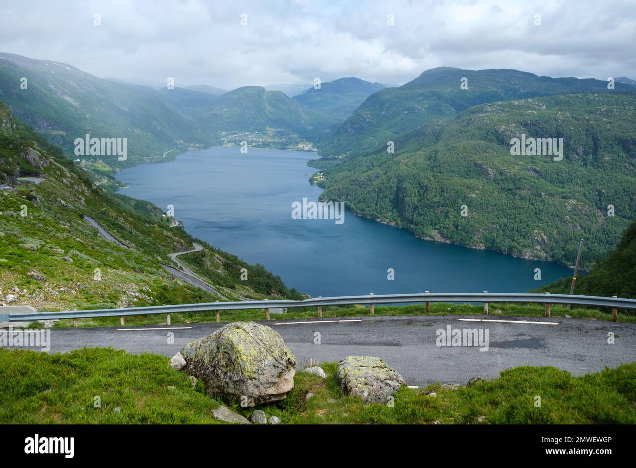 Una vista aerea del bellissimo fiordo vicino alle verdi montagne di Roldal, Norvegia Foto Stock
