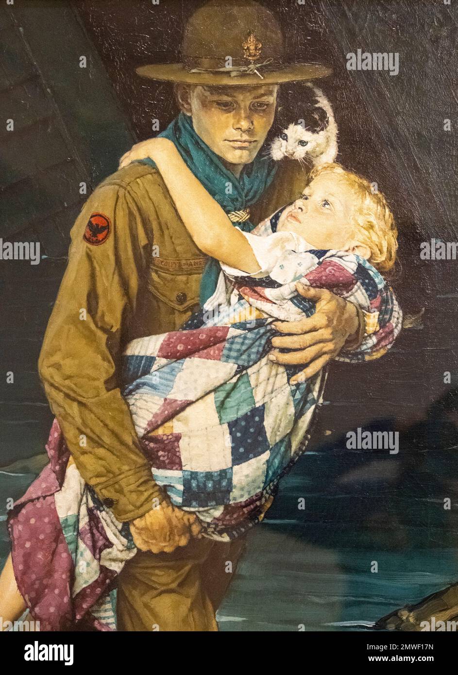 Norman Rockwell dipinge di un Boy Scout che ricava un bambino piccolo e un gatto da un'alluvione. Foto Stock