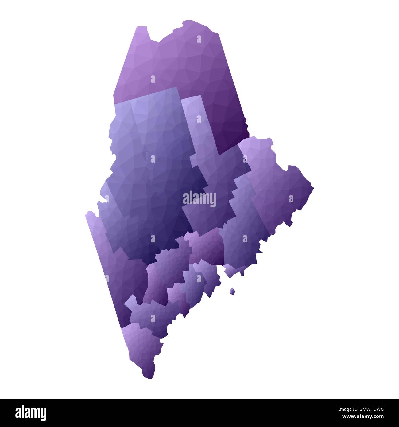 Mappa del Maine. Stile geometrico contorno dello stato degli Stati Uniti con le contee. Accattivante illustrazione vettoriale viola. Illustrazione Vettoriale