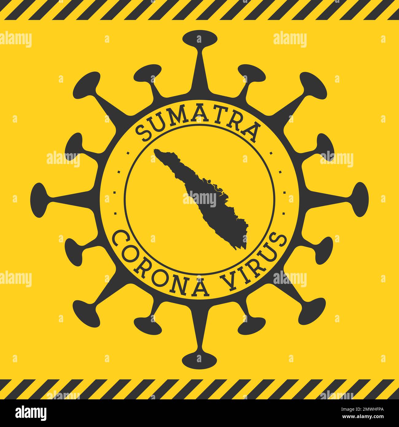 Virus Corona in Sumatra segno. Cartellino rotondo con forma di virus e mappa di Sumatra. Il bollo giallo dell'epidemia dell'isola. Illustrazione vettoriale. Illustrazione Vettoriale