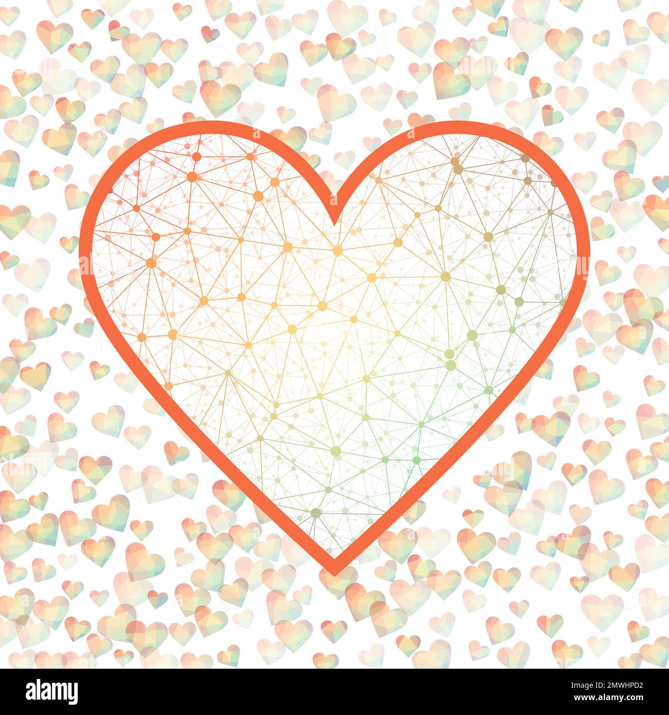 Insegna di San Valentino del 14 febbraio. Mesh geometrica del cuore in sfumature di colore spettrali, connessioni spettrali. Illustrazione vettoriale artistica in stile rete. Illustrazione Vettoriale