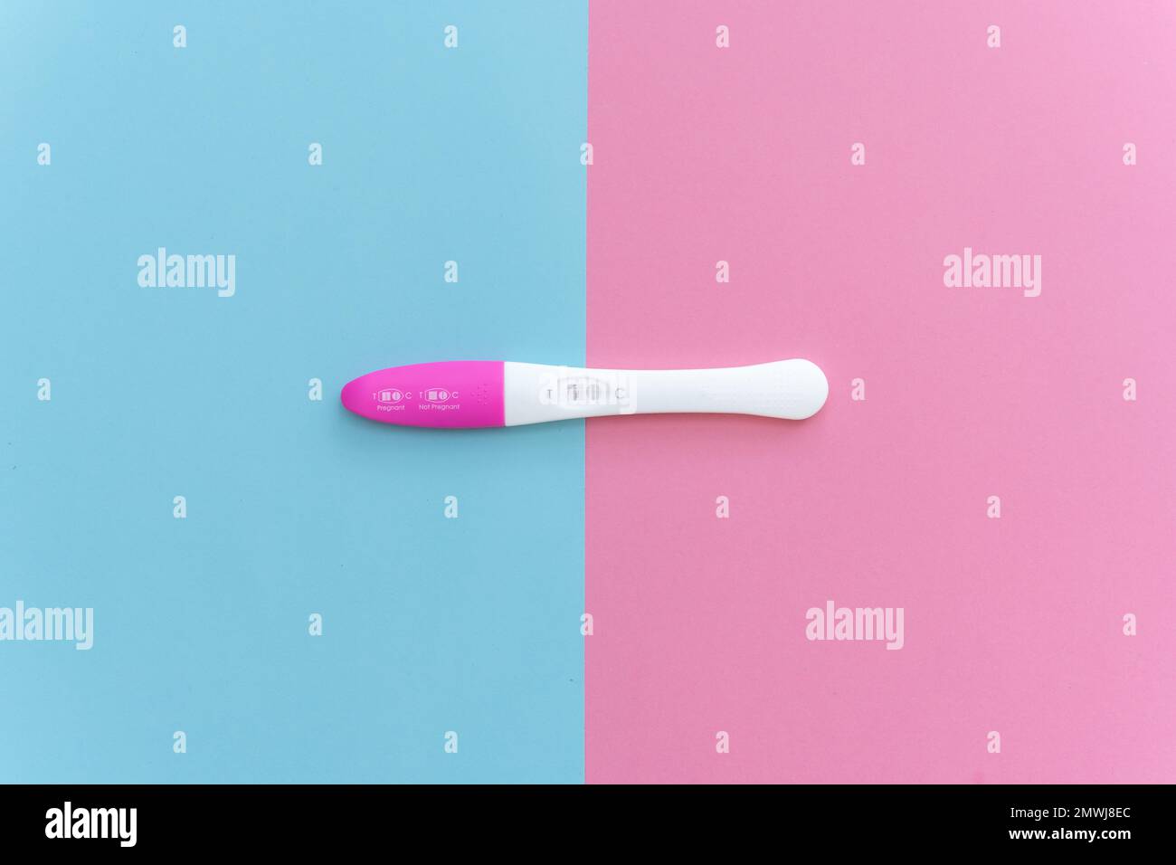 Piatto di kit di test di gravidanza a due strisce. Sfondo di colore rosa pastello e blu. Risultato positivo. Primo piano. Punto di vista. Foto Stock
