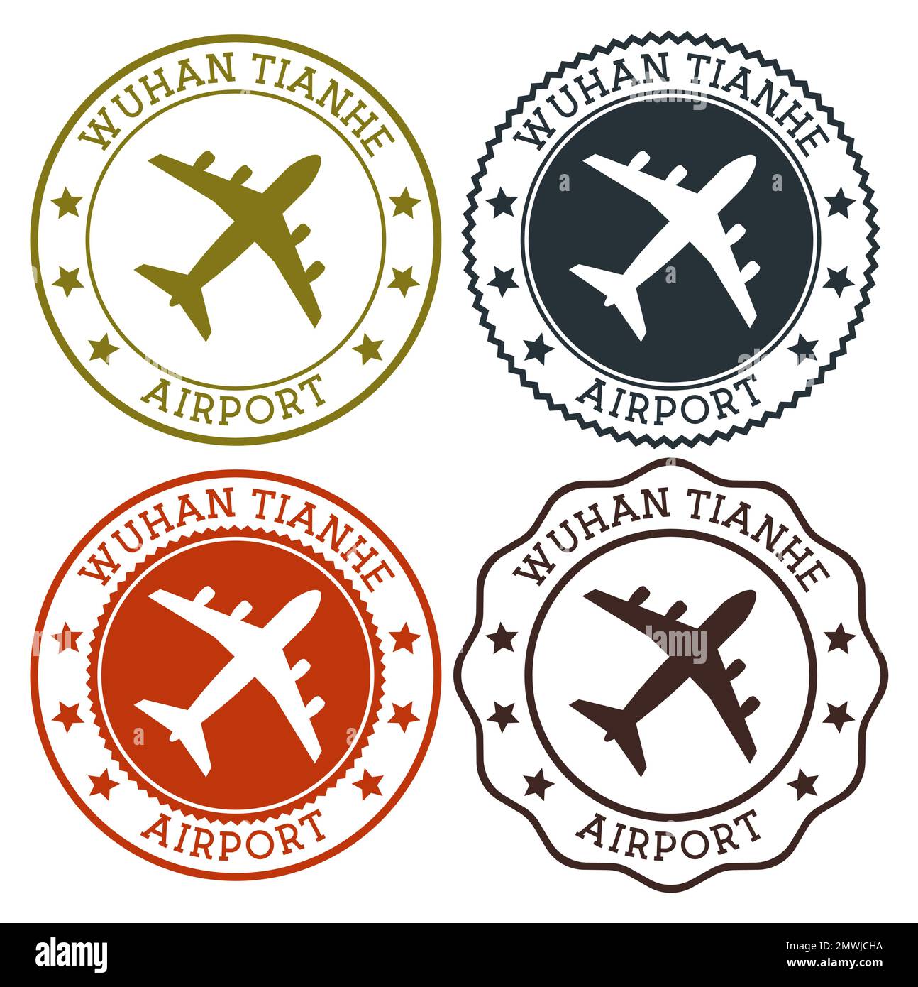 Wuhan Tianhe. Logo dell'aeroporto di Wuhan. Timbri piatti nella tavolozza dei colori dei materiali. Illustrazione vettoriale. Illustrazione Vettoriale