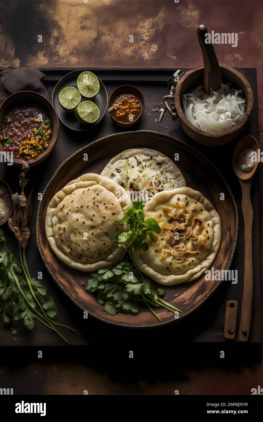 Deliziosi sapori dell'America Latina con la nostra collezione di fotografia alimentare Pupusas. Immagini di alta qualità mostrano questo cibo di strada tradizionale in tutto il suo Foto Stock