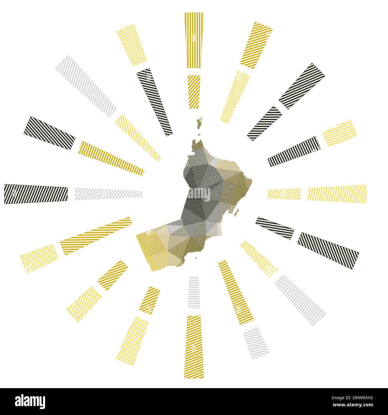 Oman sunburst. Basso poli strisce raggi e mappa del paese. Illustrazione vettoriale moderna. Illustrazione Vettoriale