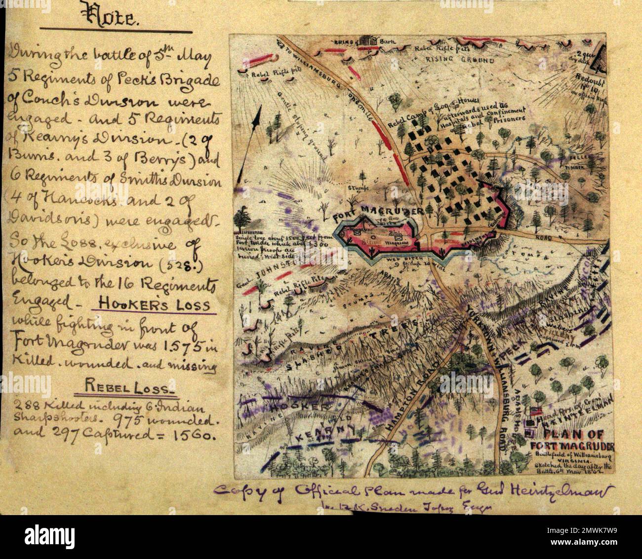 La Battaglia di Williamsburg (conosciuta anche come Battaglia di Fort Magruder) si svolse il 5 maggio 1862 a Williamsburg, Virginia, come parte della Campagna Peninsula della Guerra civile americana. Dopo il ritiro confederato dall'assedio di Yorktown, la divisione dell'Unione del generale brigadiere Joseph Hooker incontrò l'esercito confederato vicino Williamsburg. La battaglia fu inconcludente e l'esercito confederato continuò il suo ritiro durante la notte in direzione di Richmond, Virginia. Questa immagine mostra una mappa della battaglia disegnata il giorno dopo la battaglia 6th maggio 1862 Foto Stock