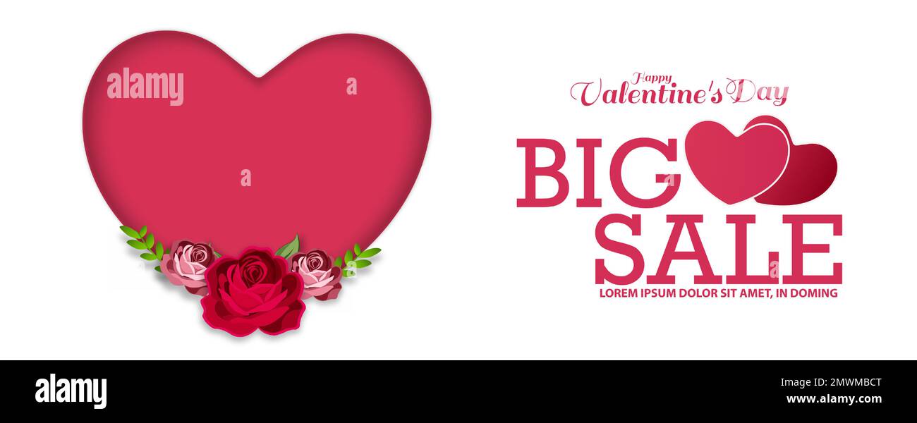 Poster dell'offerta Big sale di San Valentino, modello di banner. Cuore rosso con fiori di rosa. Pubblicità e modello di shopping. Illustrazione Vettoriale