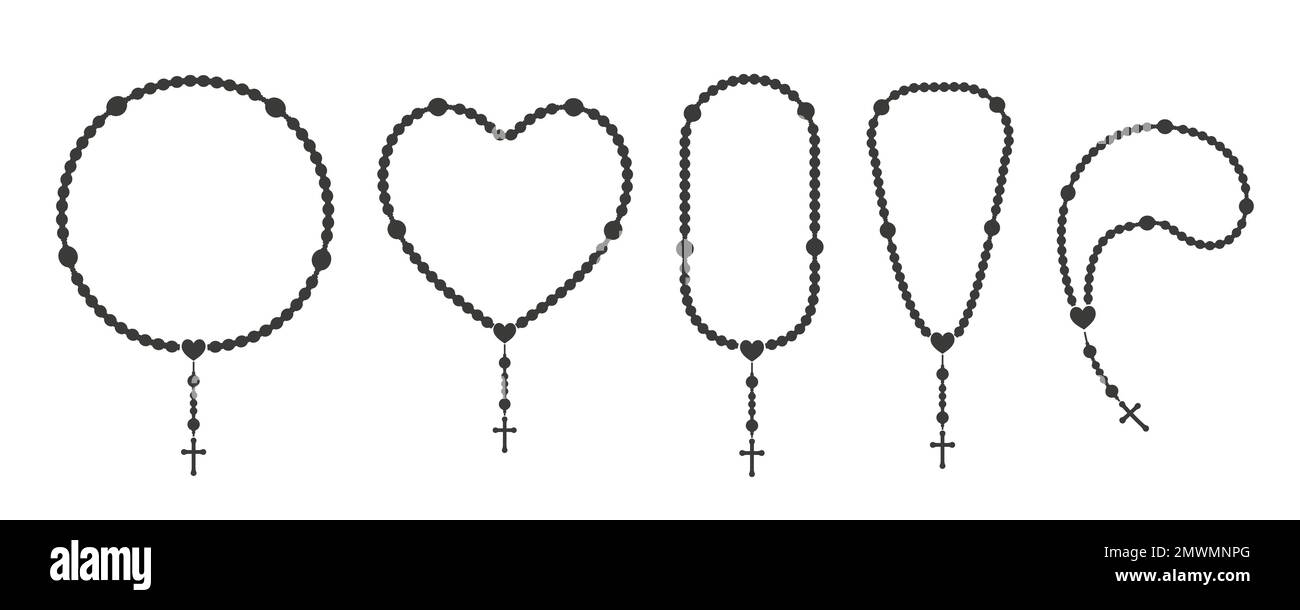 Set di silhouette con perline di Rosario. Preghiera gioielli a forma di cuore per la meditazione. Cappelletto cattolico a croce. Simbolo di religione. Illustrazione vettoriale. Illustrazione Vettoriale