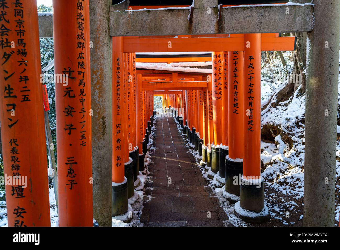 Fushimi Inari-taisha Torii Gates con neve sul tetto in inverno. Kyoto, Giappone. Foto Stock