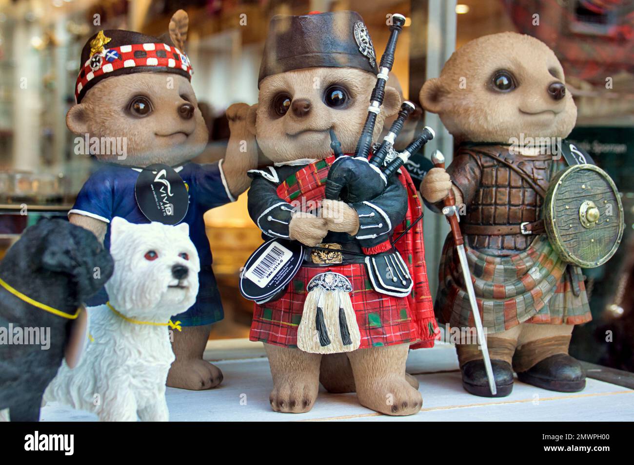 Il negozio VIVID Arts Meerkats mostra souvenir scozzesi Foto Stock
