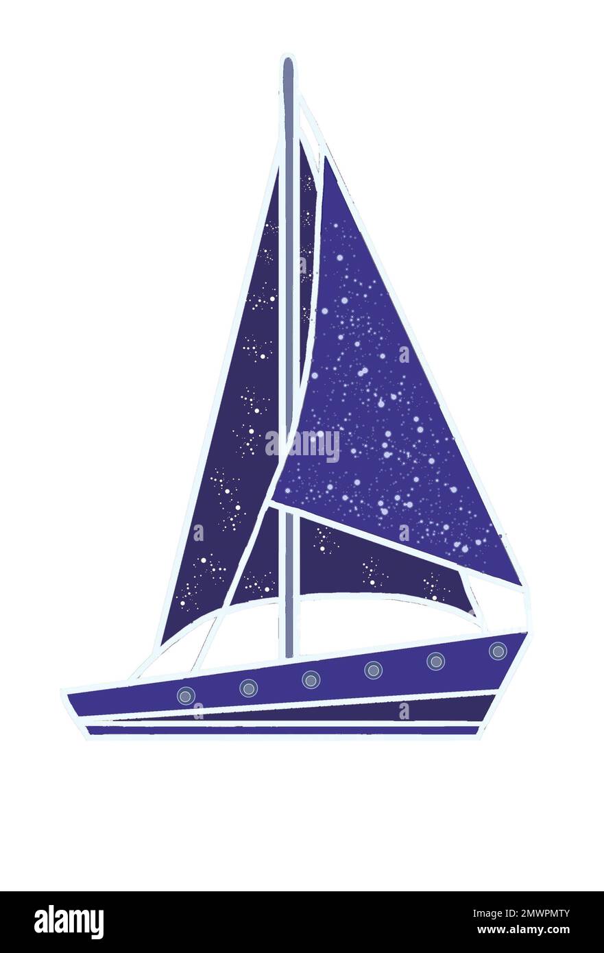 Immagine di uno yacht blu con l'immagine del cielo stellato sulle vele. Illustrazione JPEG per tessuti, tessuti, imballaggi, regali, cartoline, biancheria Foto Stock