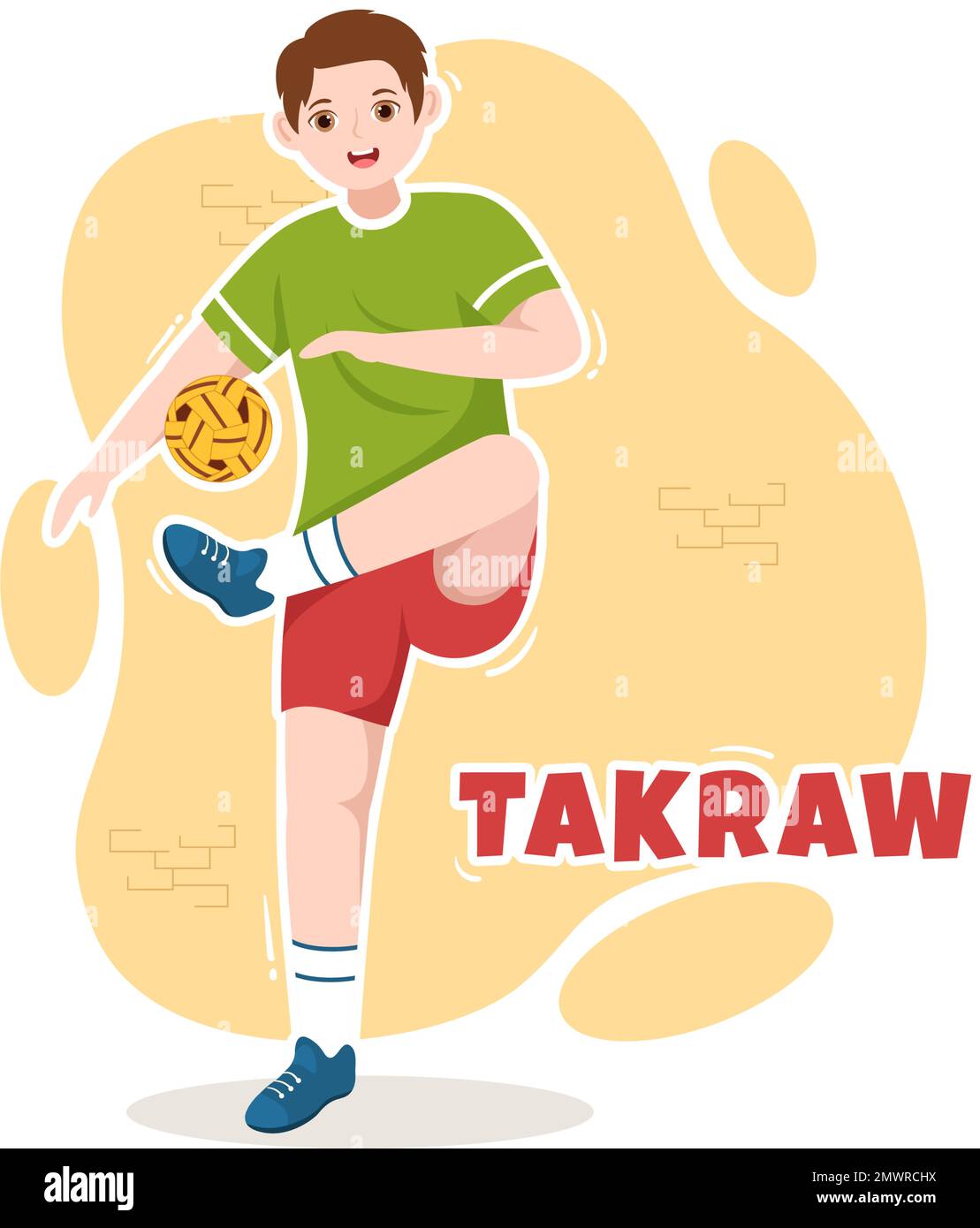 Sepak Takraw Illustrazione con atleta giocando Kick Ball sul campo in Flat Sports Game Competition Cartoon Hand disegnato per Landing Page Template Illustrazione Vettoriale