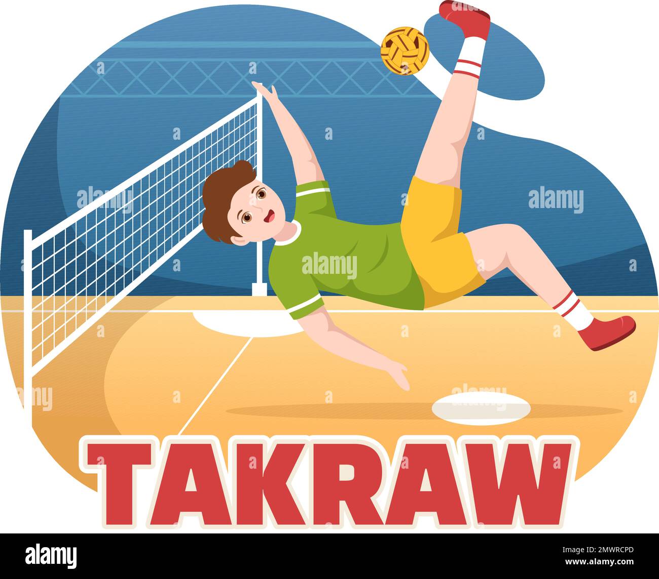Sepak Takraw Illustrazione con atleta giocando Kick Ball sul campo in Flat Sports Game Competition Cartoon Hand disegnato per Landing Page Template Illustrazione Vettoriale