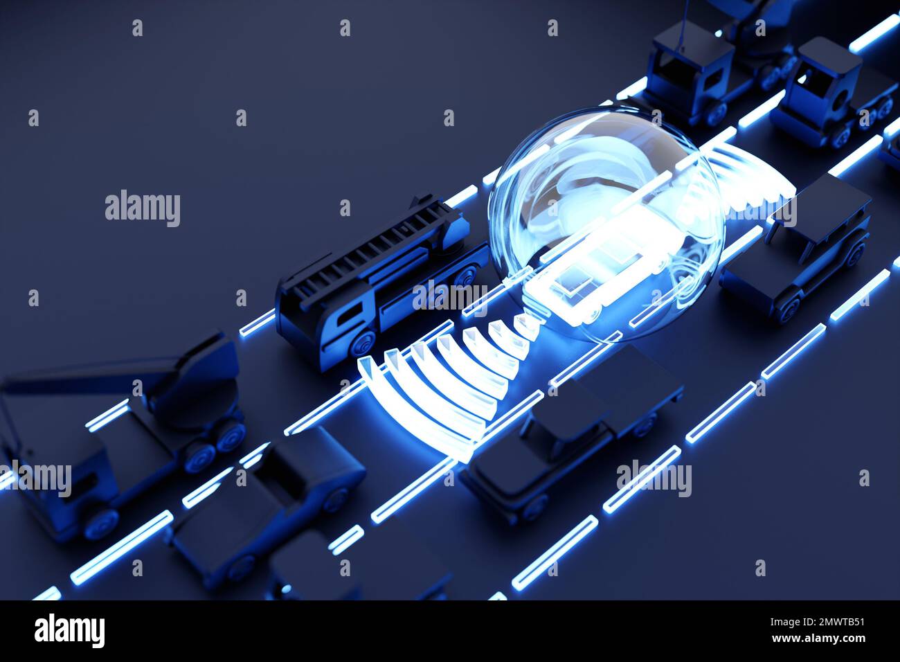 3d macchina illustrativa con distanza di sicurezza con flusso automatico. Il concetto di un'auto high-tech con un veicolo senza equipaggio. Veicolo semovente. Foto Stock