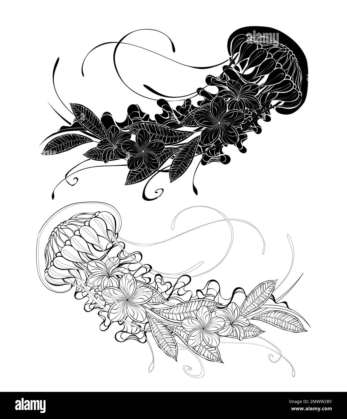 Contorno, silhouette, esotica, artisticamente disegnata medusa con plumeria fiorente e piante ornamentali su sfondo bianco. Colorazione. Illustrazione Vettoriale
