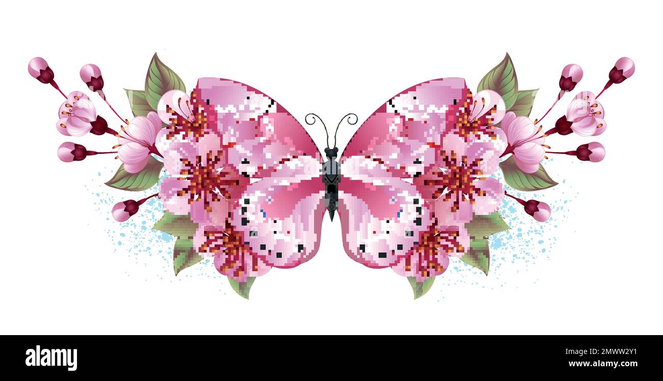 Composizione simmetrica di farfalla rosa dipinta artisticamente e fiori di ciliegio giapponese rosa su sfondo bianco. sakura rosa. Illustrazione Vettoriale