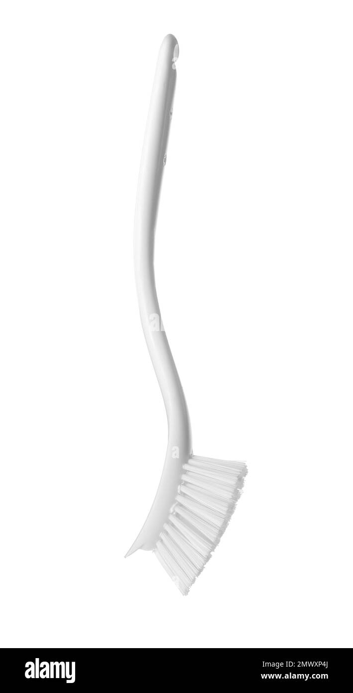 Spazzola per il lavaggio delle stoviglie isolata su bianco Foto Stock