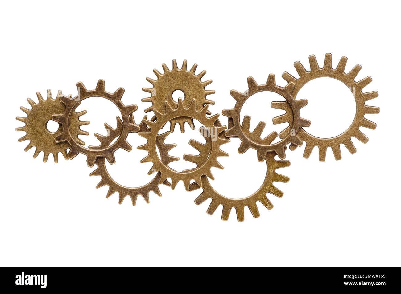 Gruppo di ruote dentate in bronzo assortite, varie dimensioni e forma, set astratto, isolato su sfondo bianco Foto Stock Gruppo di ruote dentate in bronzo assortite, varie dimensioni e forma, set astratto, isolato su sfondo bianco Foto Stock