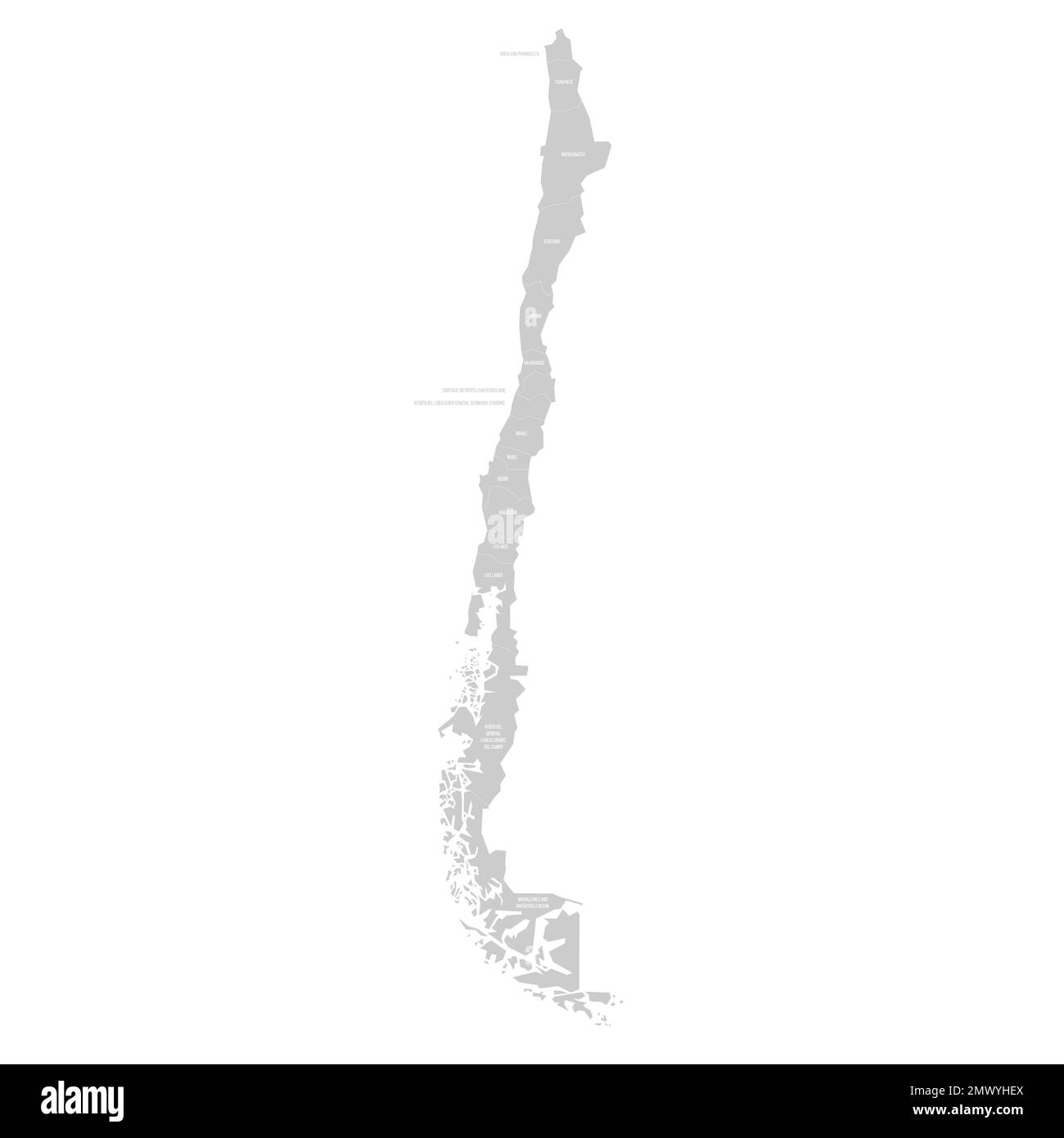 Cile carta politica delle divisioni amministrative - regioni. Mappa in grigio chiaro con bordi ed etichette di linee bianche. Illustrazione Vettoriale