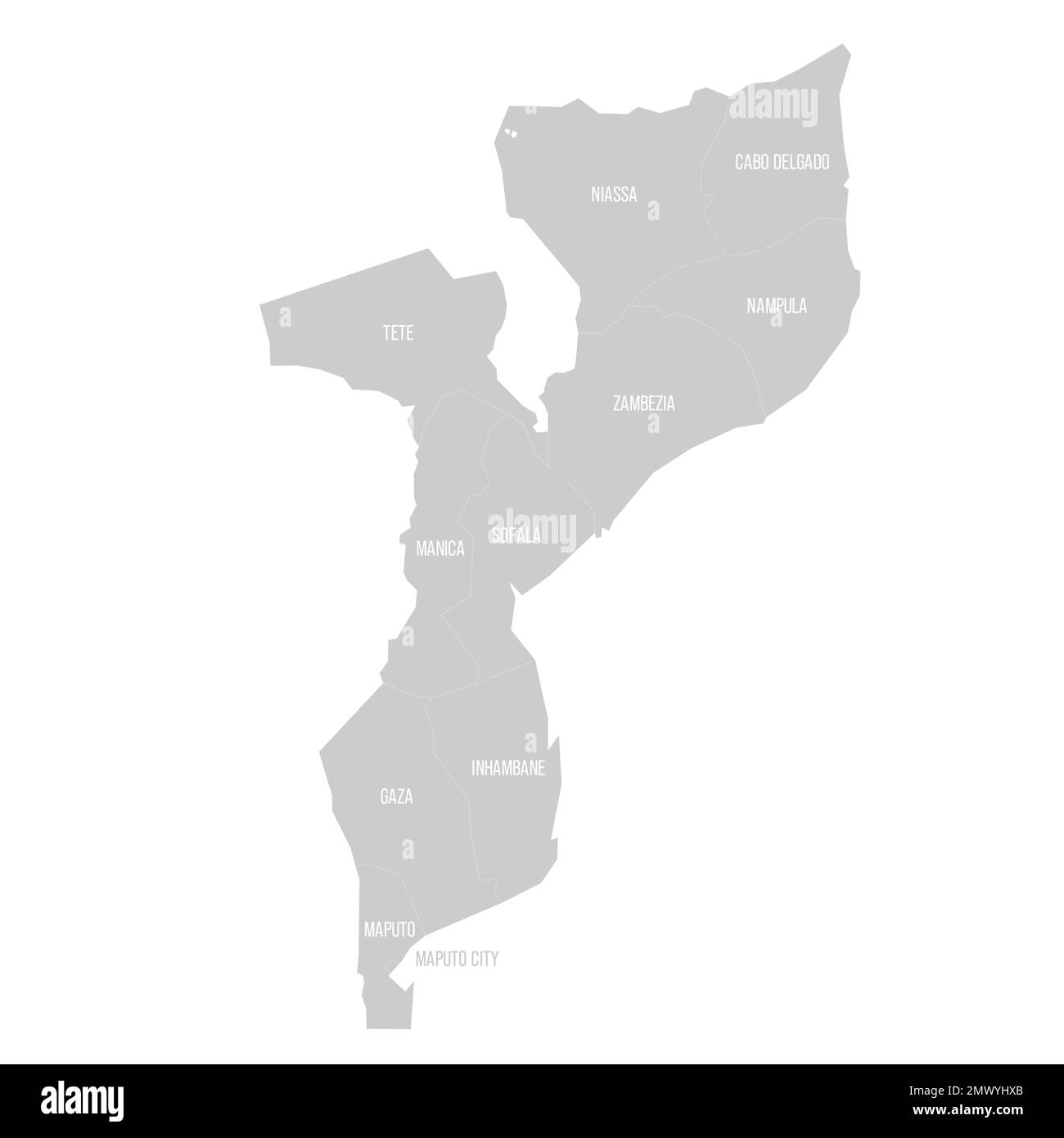 Mozambico mappa politica delle divisioni amministrative - province e capitale di Maputo. Mappa in grigio chiaro con bordi ed etichette di linee bianche. Illustrazione Vettoriale