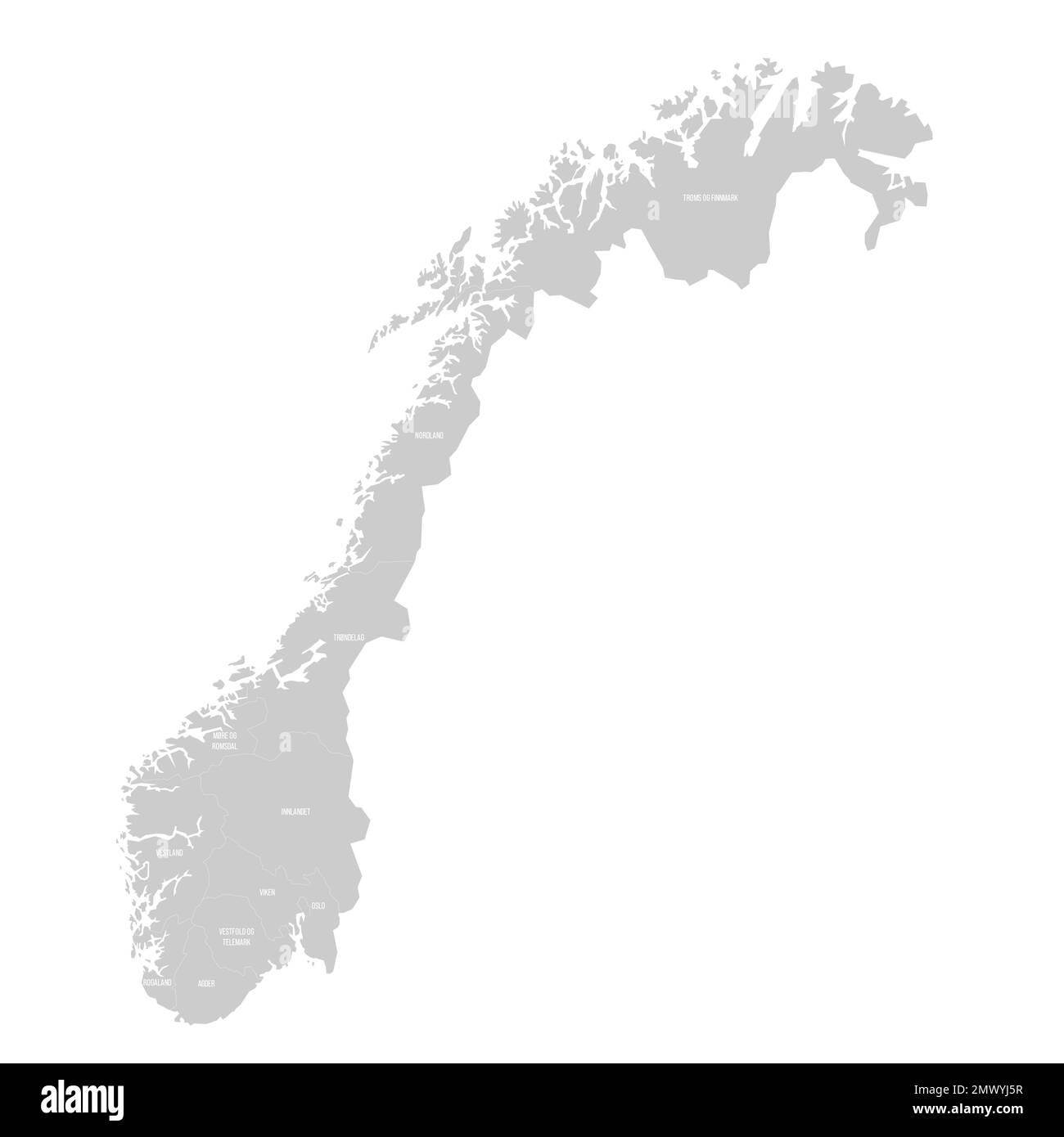 Norvegia carta politica delle divisioni amministrative - contee e città autonoma di Oslo. Mappa in grigio chiaro con bordi ed etichette di linee bianche. Illustrazione Vettoriale