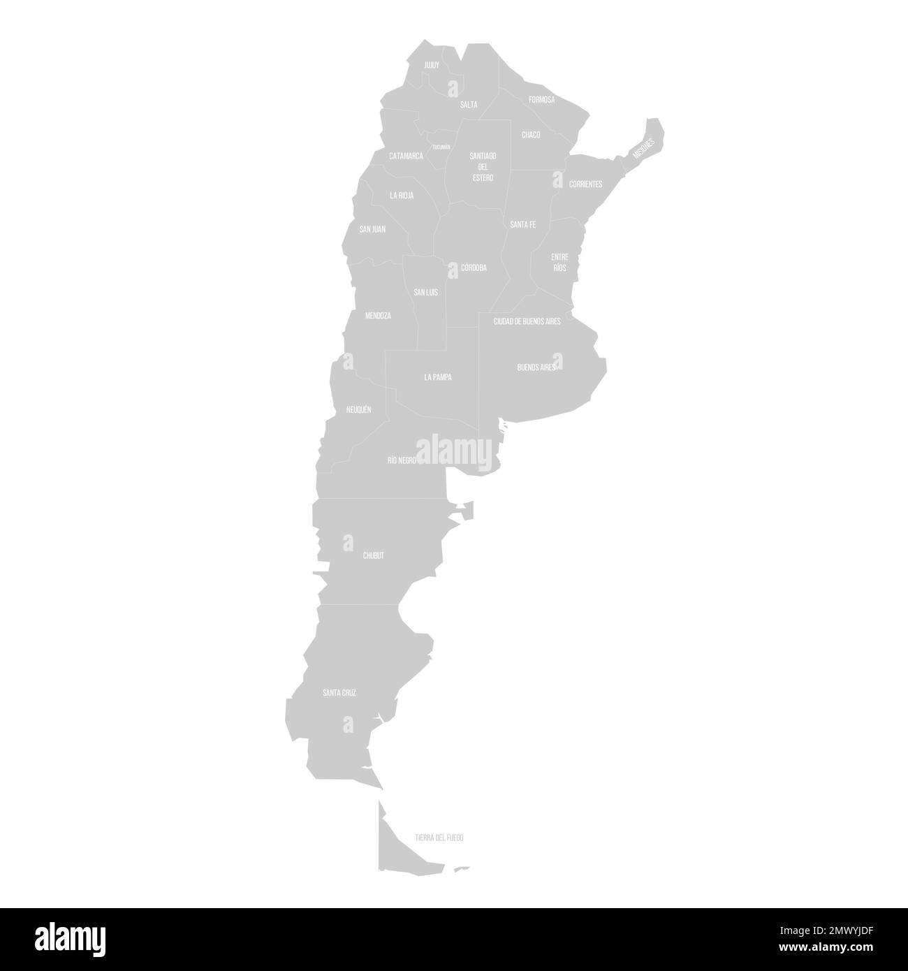 Argentina carta politica delle divisioni amministrative - province e città autonoma di Buenos Aires. Mappa in grigio chiaro continua con bordi di linee bianche e. Illustrazione Vettoriale
