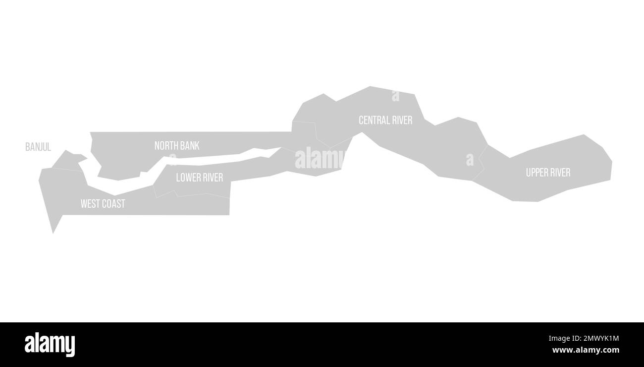 La mappa politica della Gambia delle divisioni amministrative - regioni e città di Banjul. Mappa in grigio chiaro con bordi ed etichette di linee bianche. Illustrazione Vettoriale