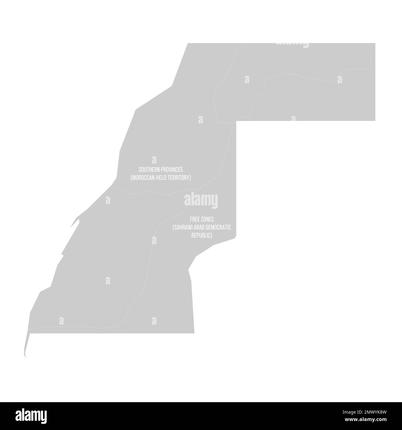 Mappa occidentale della terra divisa tra il Marocco e la Repubblica Araba Democratica del Sahara dal Muro del Sahara Occidentale del Marocco. Mappa in grigio chiaro continua con linea bianca Illustrazione Vettoriale