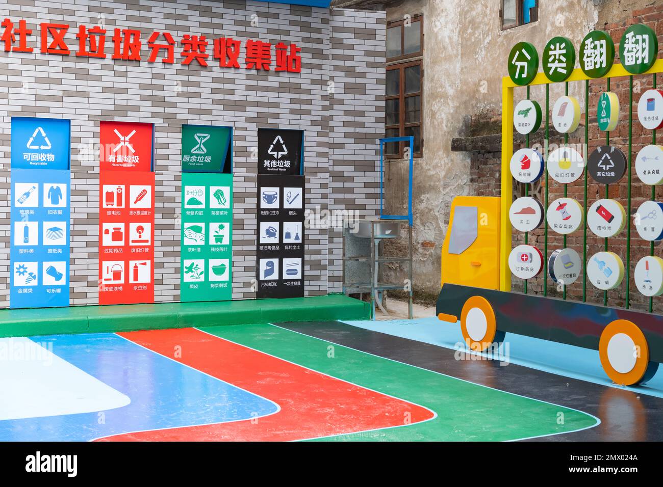 Zhongshan Cina-Novembre 17,2022:diversi colori rifiuti rifiuti per la cernita dei rifiuti, cioè la cucina, nocivo, altri e rifiuti riciclabili. al com orizzontale Foto Stock