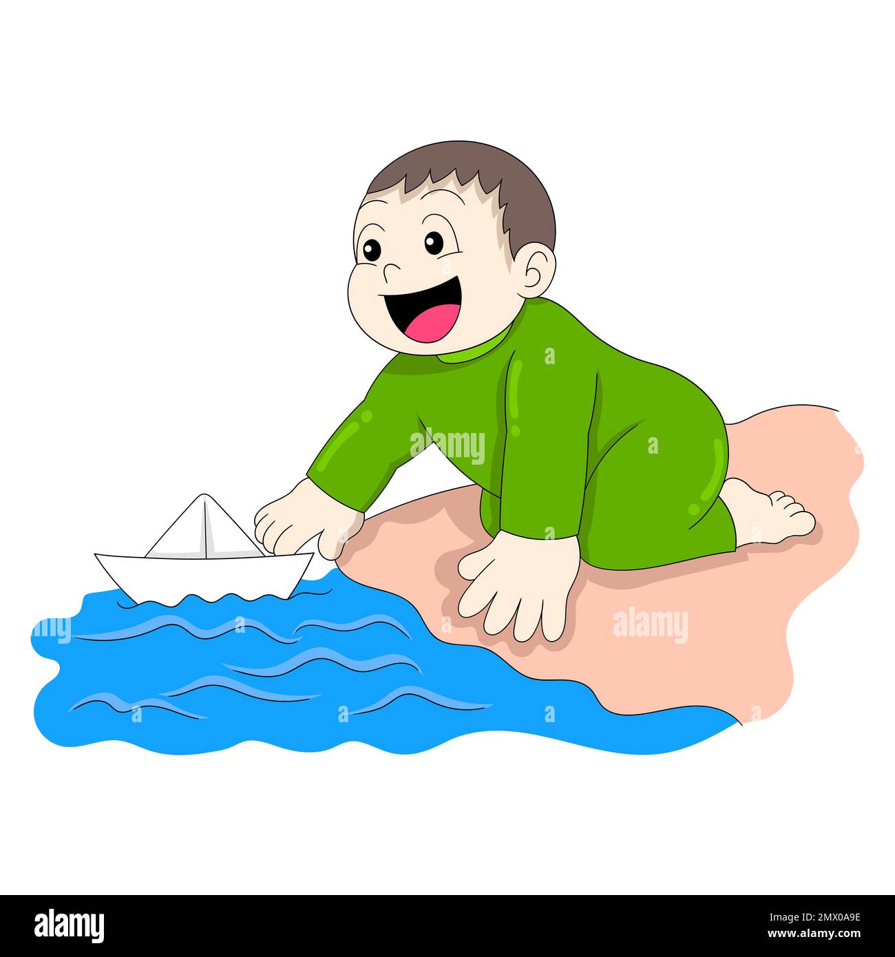 il bambino gioca felicemente in barca di carta in acqua. disegno vettoriale Illustrazione Vettoriale