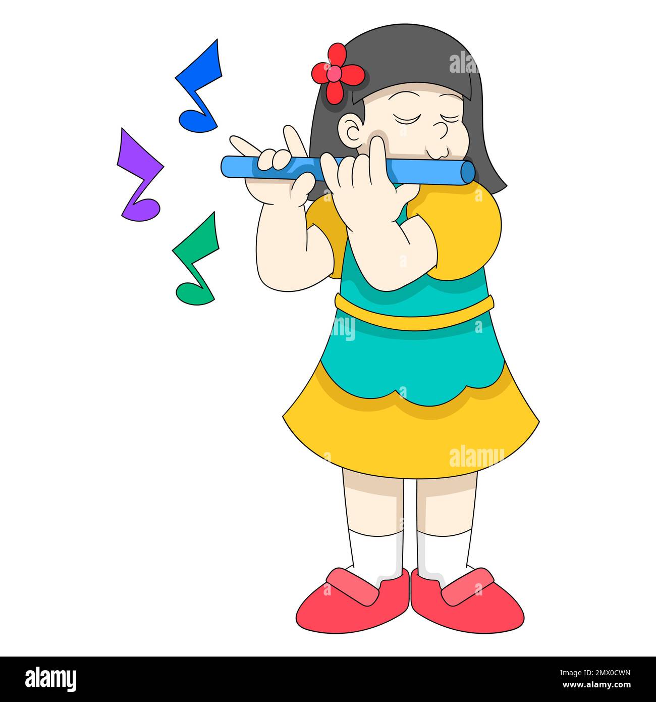 la ragazza sta suonando la musica usando il flauto che suona bello. disegno vettoriale Illustrazione Vettoriale