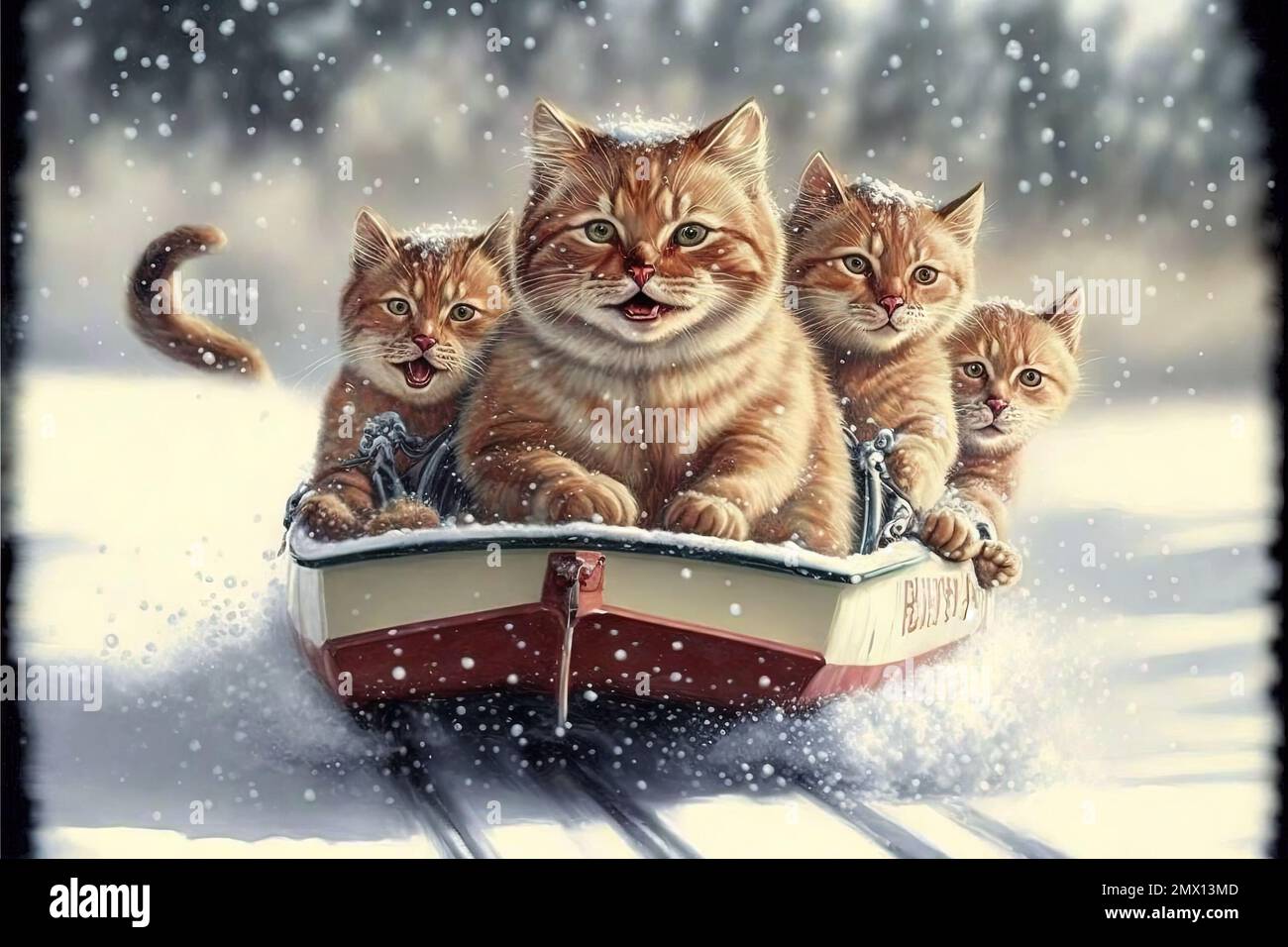 Gatti gattini in slitta sulla neve allegri cartoni animati gattino corse  dalla montagna su una slitta. Neve collina. Stagione invernale  illustrazione generativa ai Foto stock - Alamy
