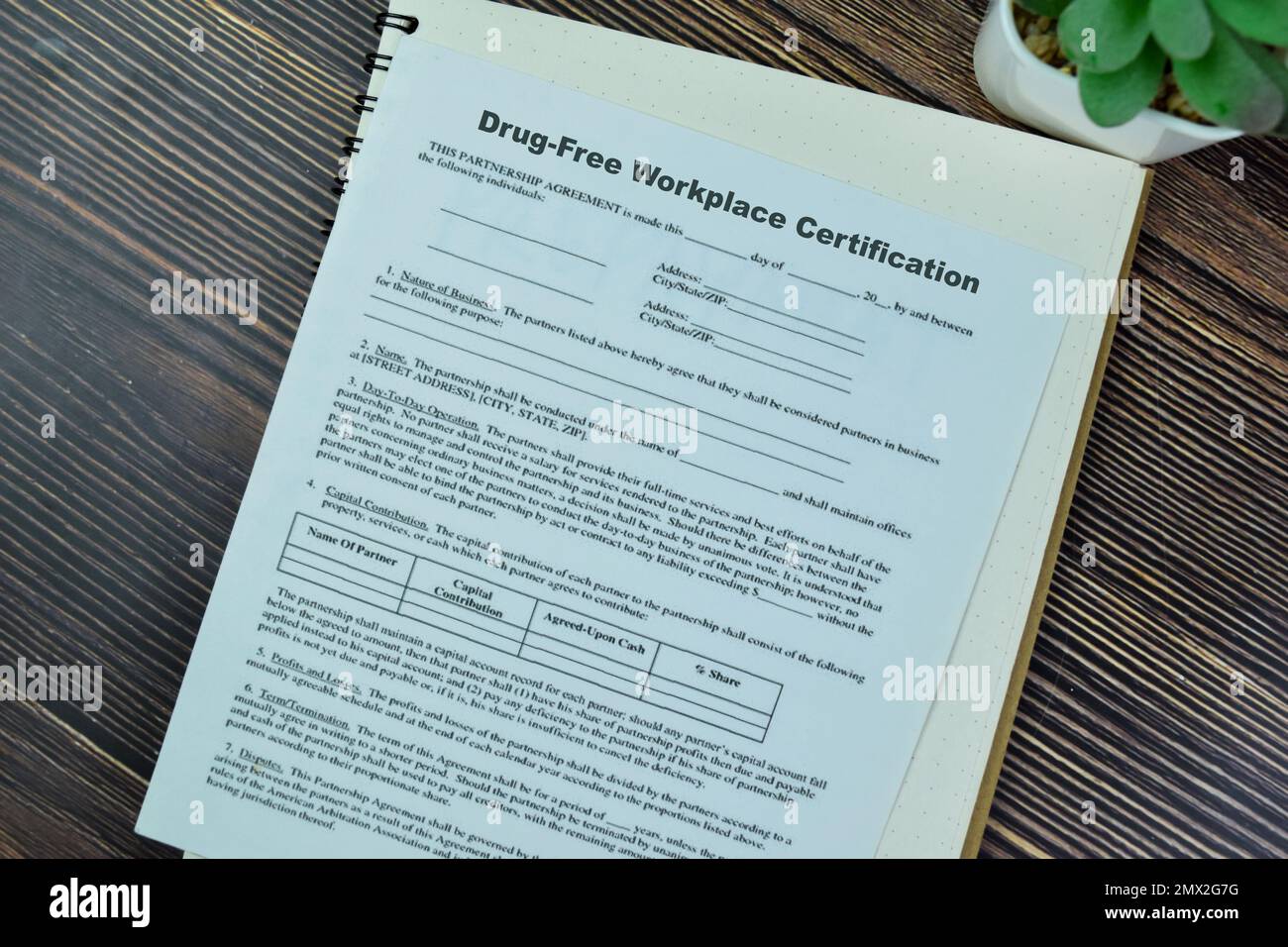Concetto di SBA forma Drug-Free Workplace Certificazione isolato su tavola di legno. Foto Stock