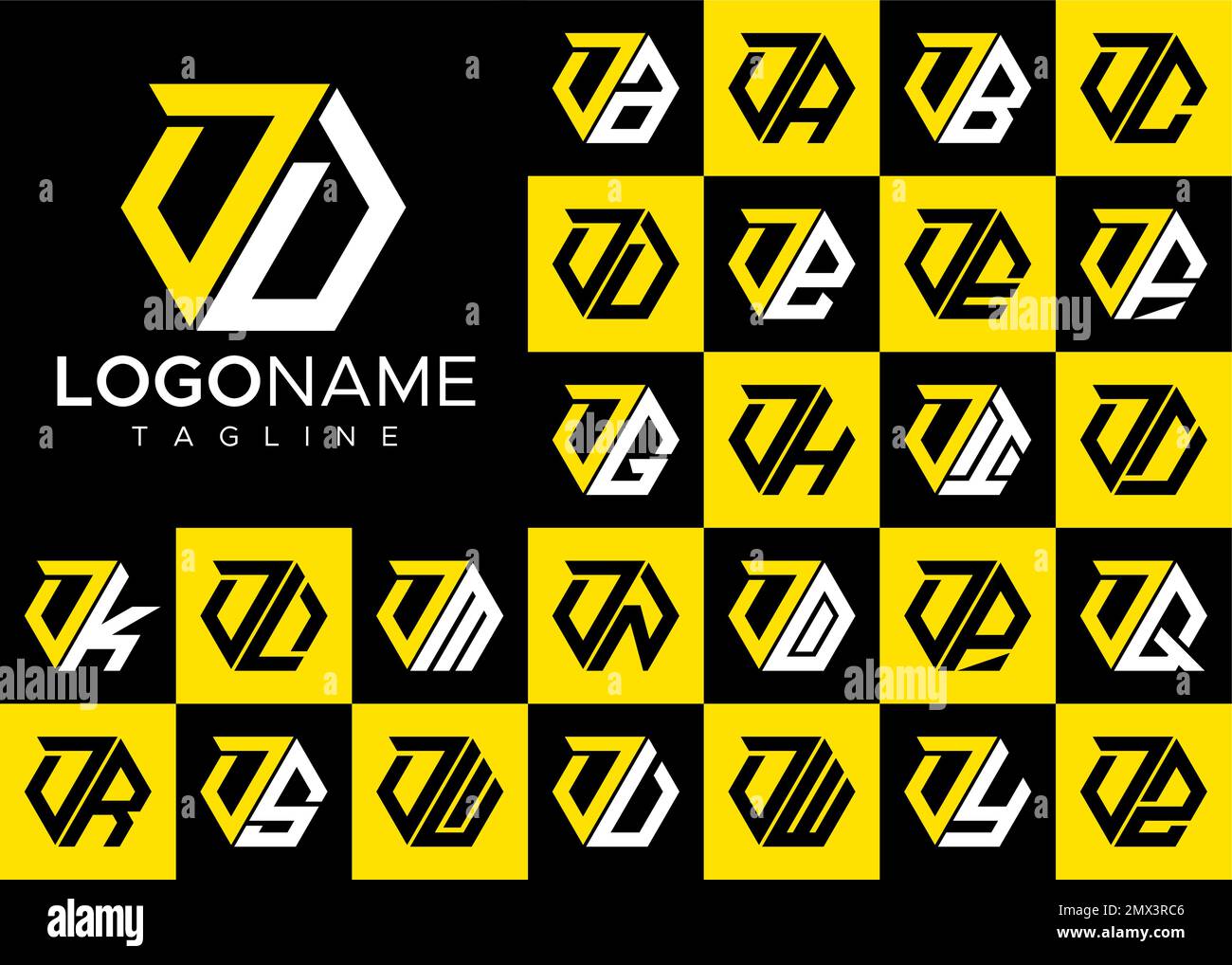 Set di logo a lettera D esagonale. Modello moderno con logo D in lettera. Illustrazione Vettoriale