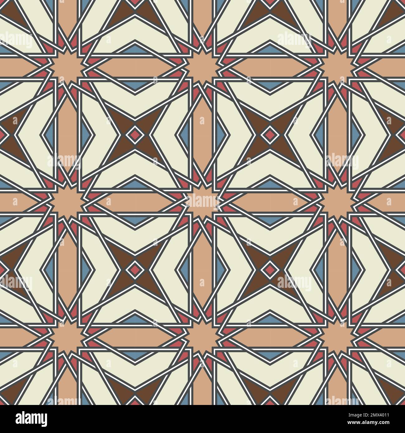 Geometria araba tradizionale, motivo a stelle. Intricato modello orientale moresco. Pavimento in piastrelle mediterranee, sfondo vettoriale senza cuciture. Illustrazione Vettoriale