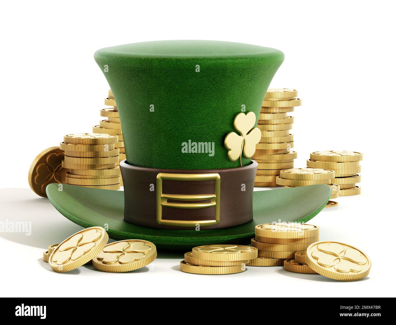 Cappello verde e monete d'oro di Leprechaun isolate su sfondo bianco. Illustrazione 3D. Foto Stock