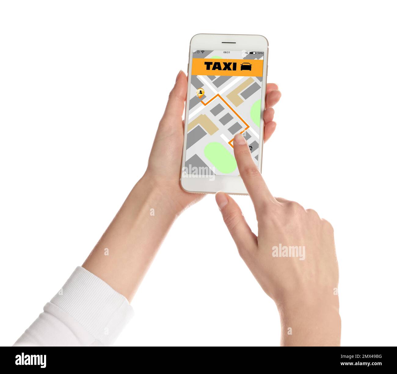 Donna che ordina taxi con smartphone su sfondo bianco, primo piano Foto Stock
