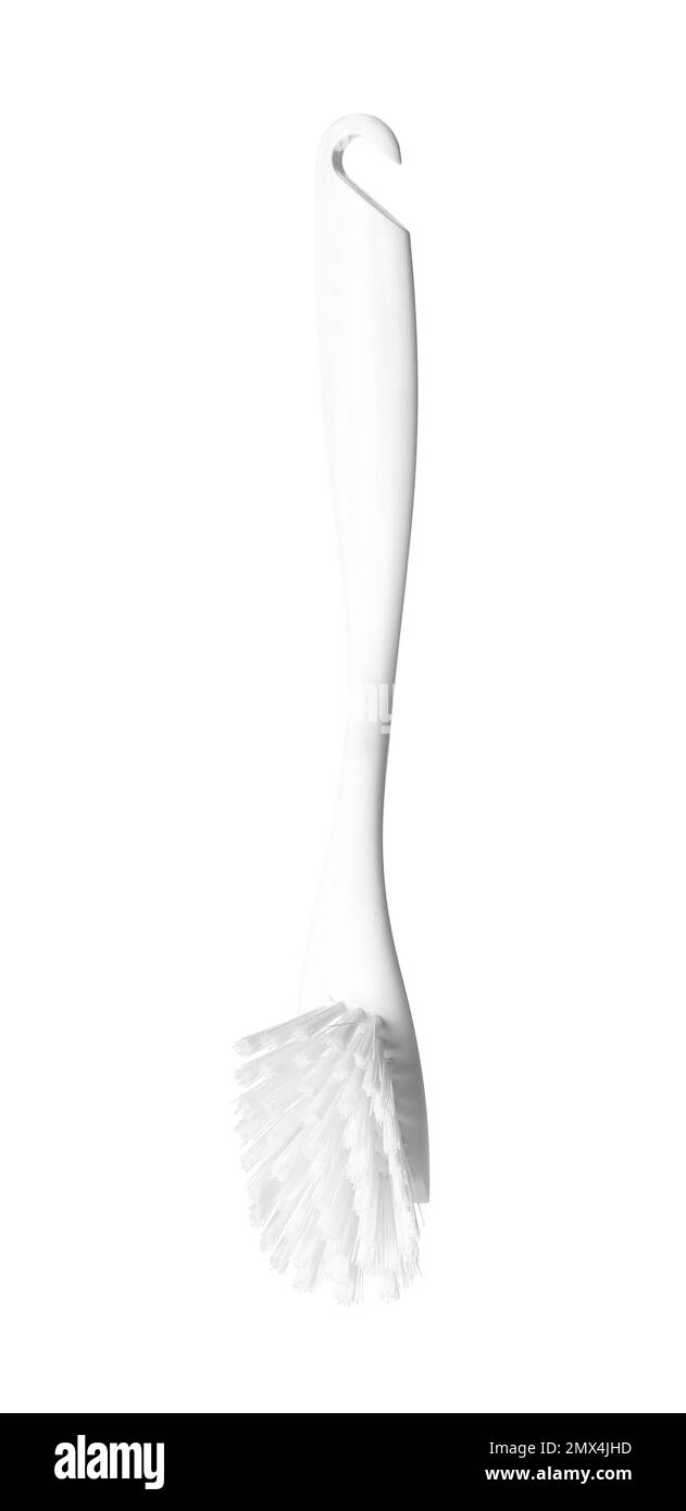 Spazzola per il lavaggio delle stoviglie isolata su bianco Foto Stock