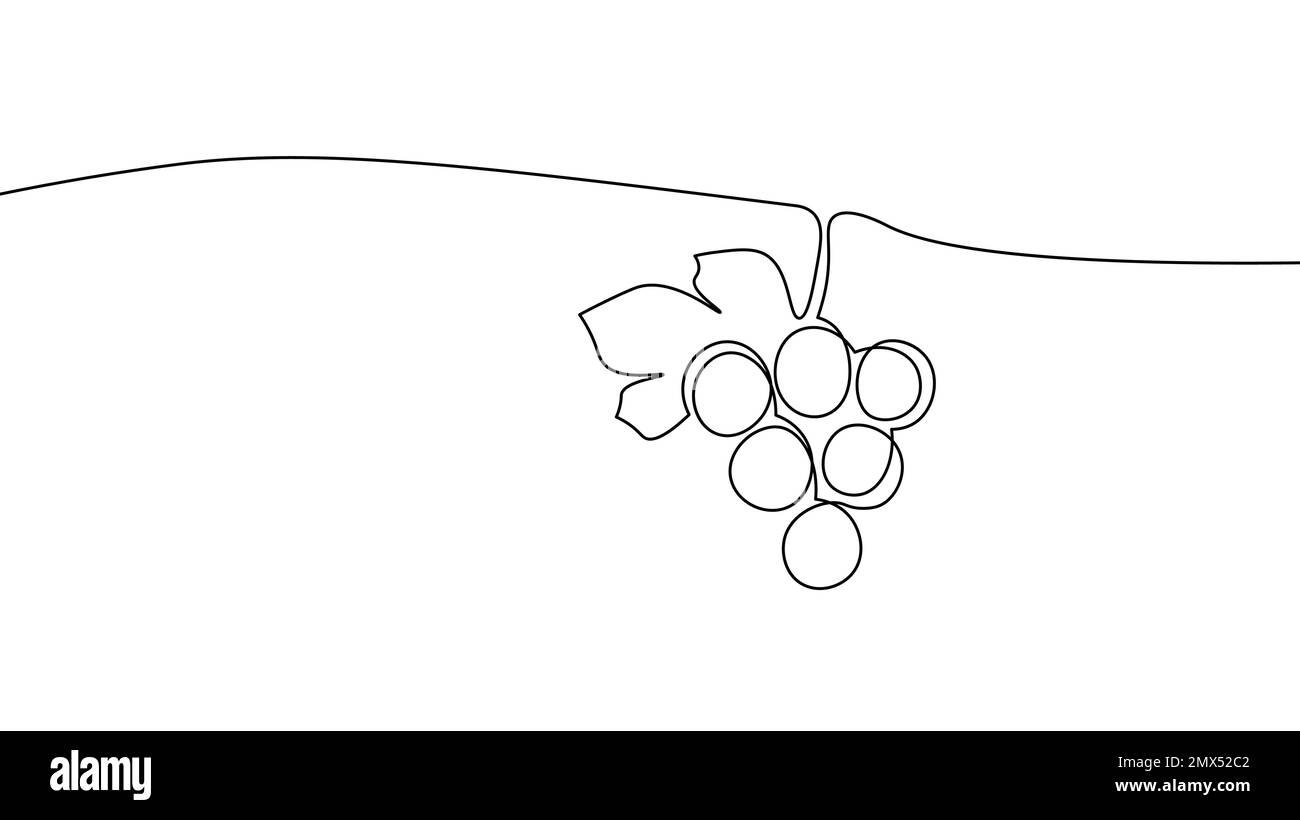 Concetto simbolo di una linea di uva continua con frutta fresca. Silhouette di snack vegano biologico sano. Vettore digitale di disegno di schizzo a linea singola bianco Illustrazione Vettoriale