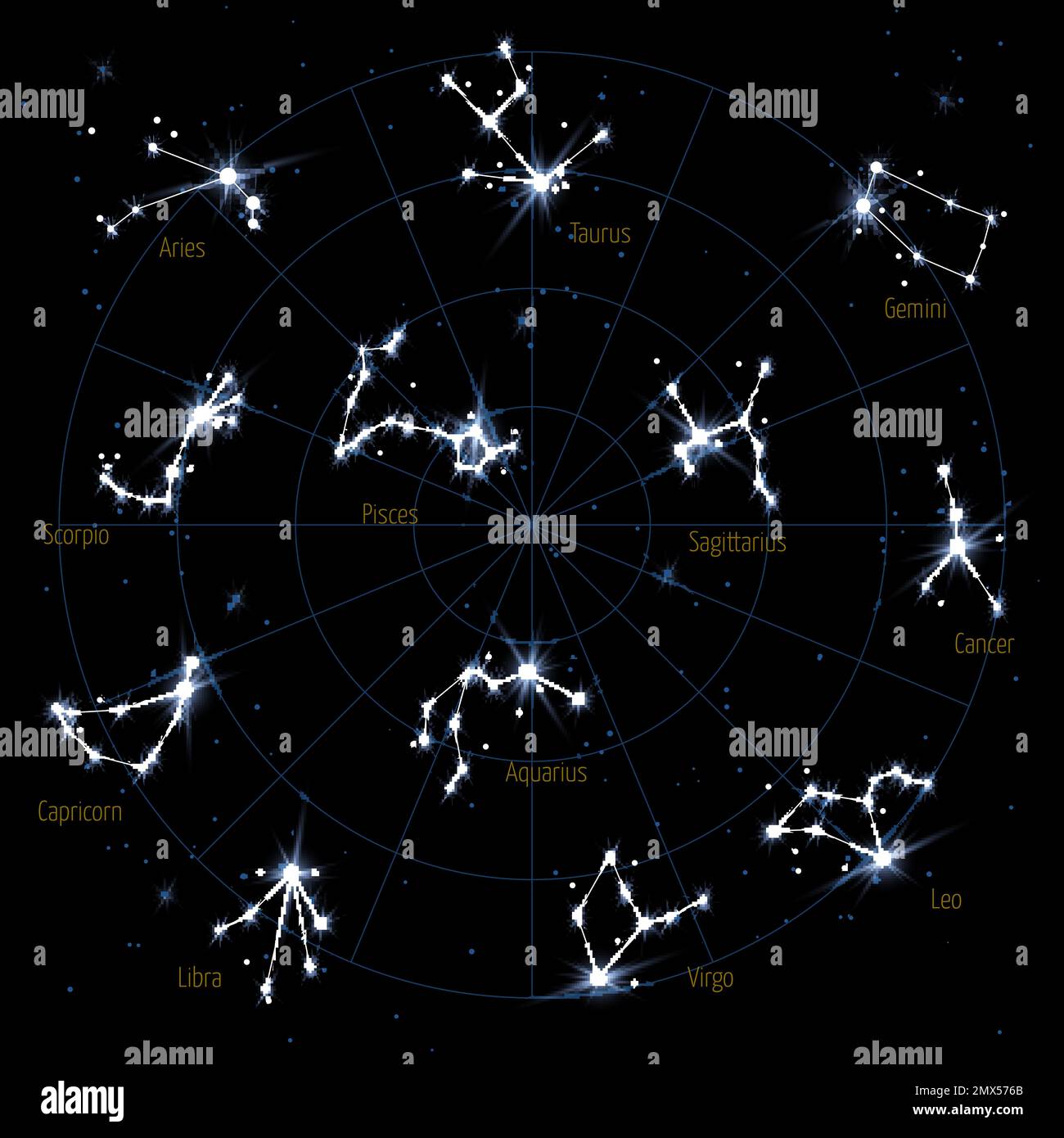 Costellazione dello Zodiaco sullo sfondo del cielo notturno. Stelle astrologiche Illustrazione Vettoriale