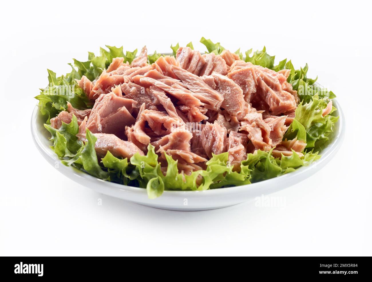 Appetitosi tonno in scatola a fette e fresche foglie di lattuga verde in ciotola come ingredienti del tradizionale pesce tedesco Bun Fischbrotchen Foto Stock