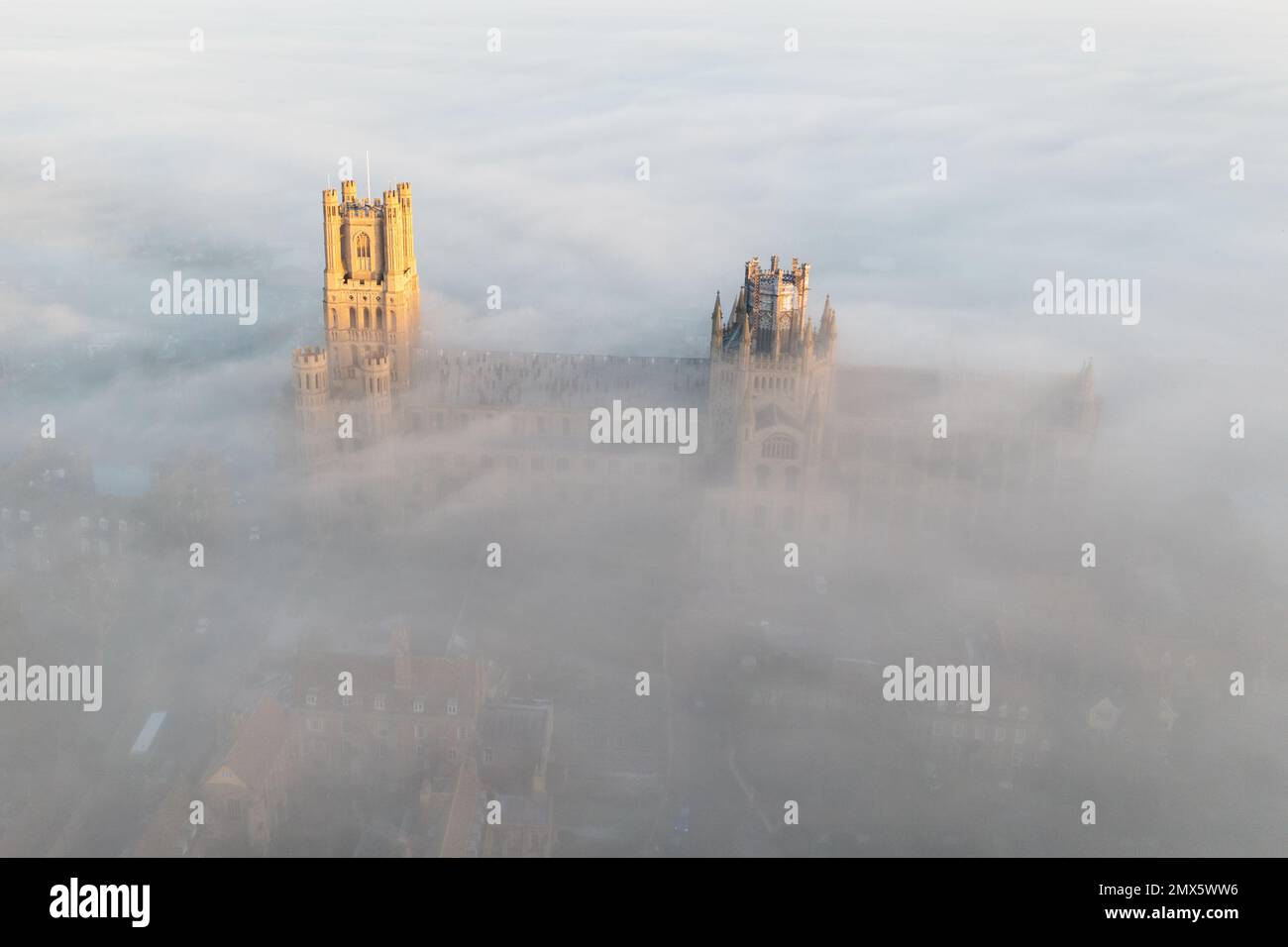 La foto datata gennaio 24th mostra la Cattedrale Ely a Cambridgeshire, conosciuta come la nave delle Fene, avvolta nella nebbia il martedì mattina. Majestic Ely Cat Foto Stock