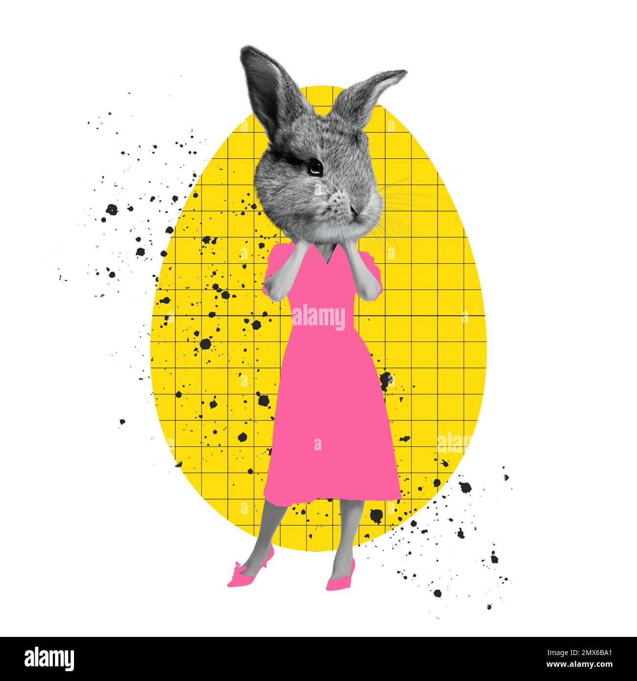 Affascinante. Testa di coniglio sul corpo femminile in abito rosa. Design creativo su sfondo bianco. Buona Pasqua Foto Stock