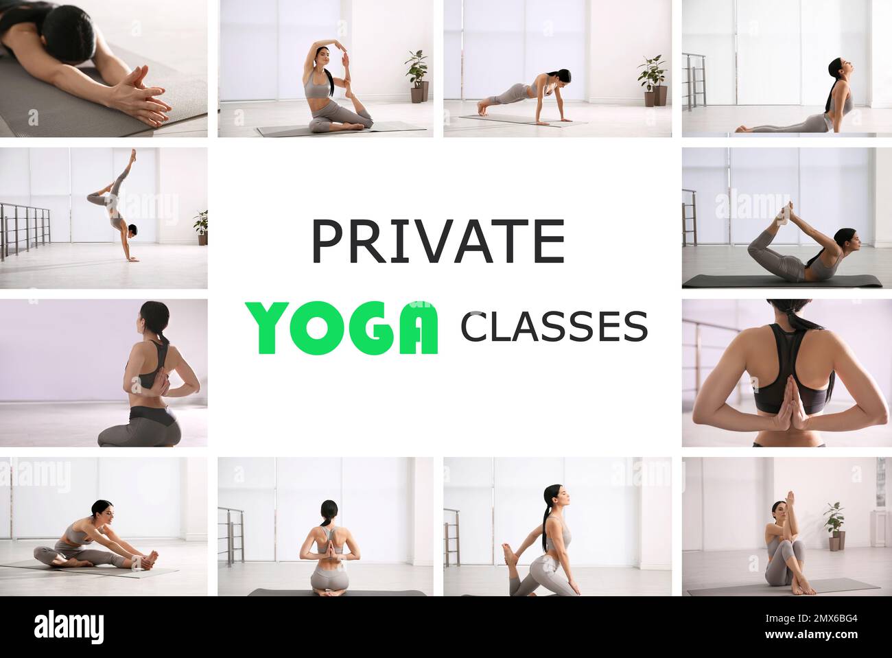 Collage di donne che praticano diverse pose e testi lezioni private di yoga Foto Stock