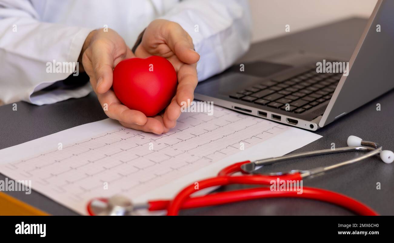 banner o medico sta tenendo e mostrando un cuore rosso. Concetto per i temi: Supporto, cardiologia sanitaria Foto Stock