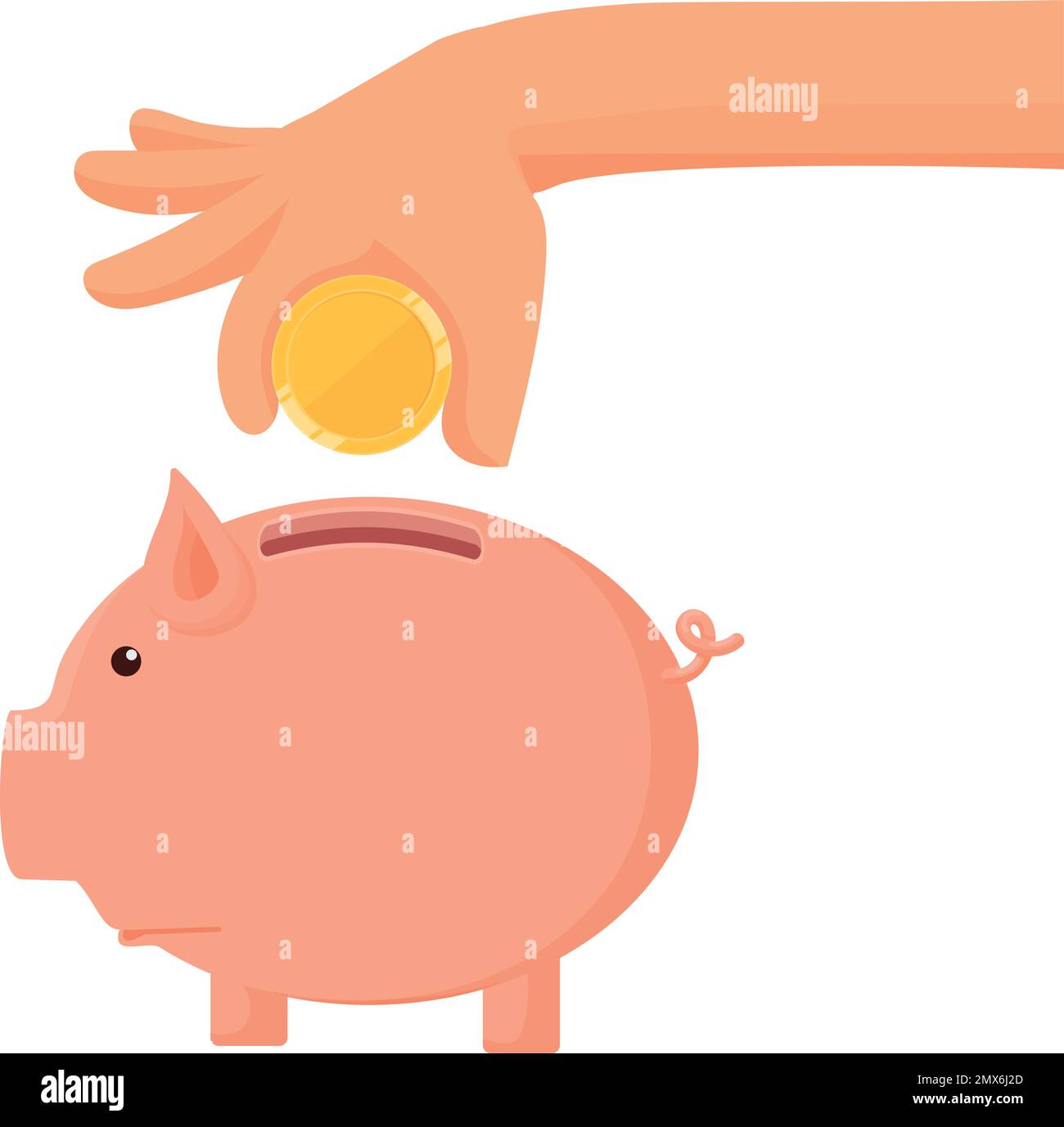 Gettando moneta in denaro maiale. Icona risparmio cartoni animati Illustrazione Vettoriale