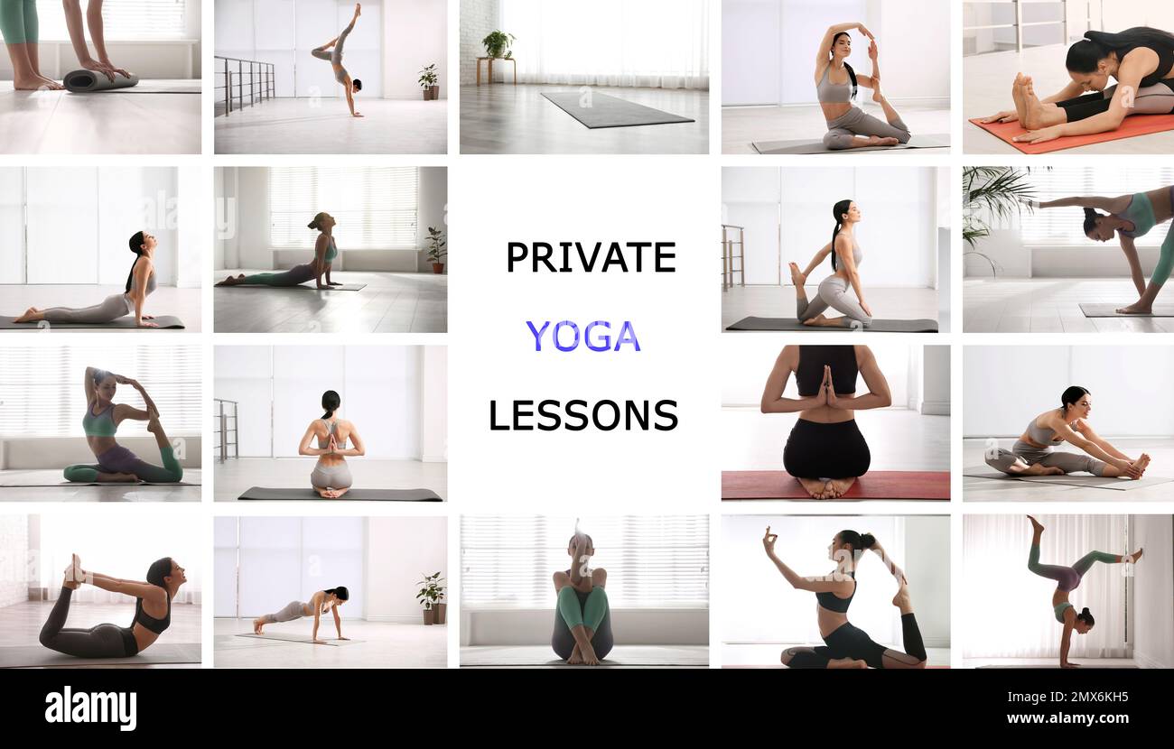 Collage di donne che praticano diverse pose e testi lezioni private di yoga Foto Stock